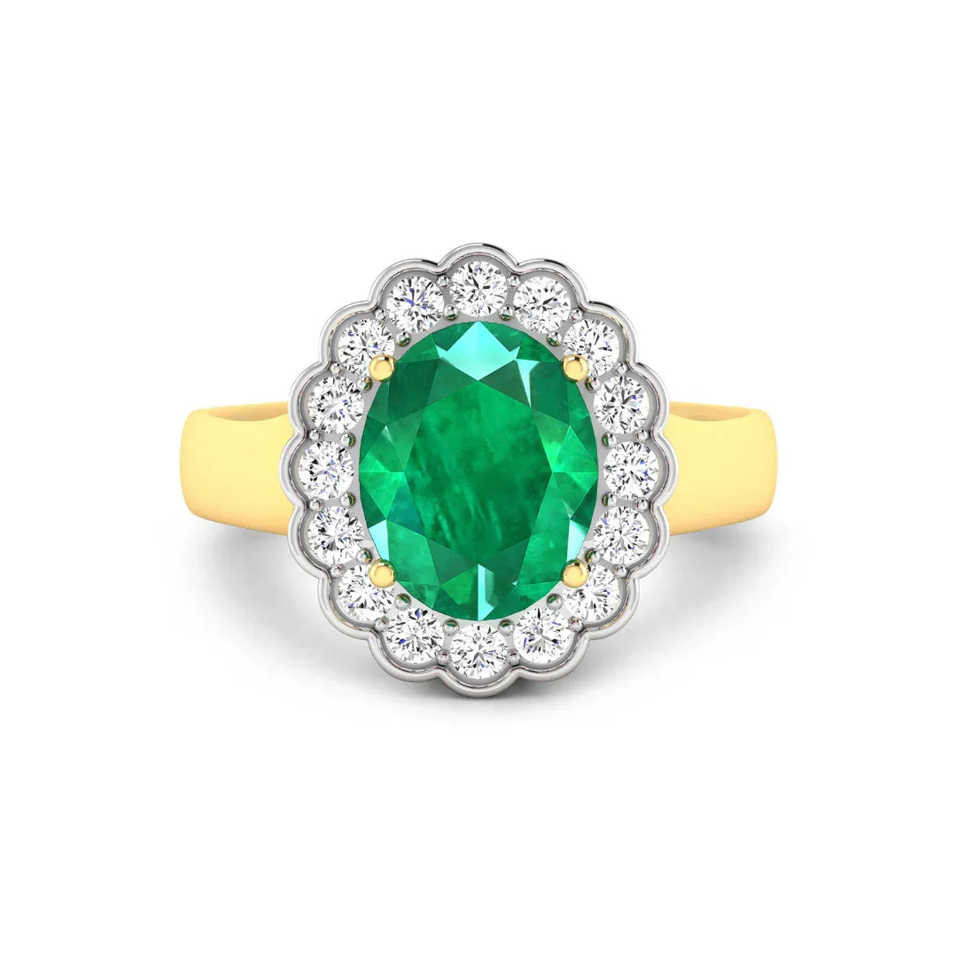 2.51 Ct Oval Green Zambian Emerald and White Diamond Prong 14k Gold Floral Halo Ring
