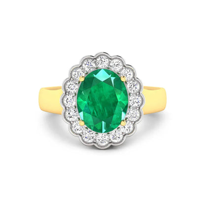 2.51 Ct Oval Green Zambian Emerald and White Diamond Prong 14k Gold Floral Halo Ring