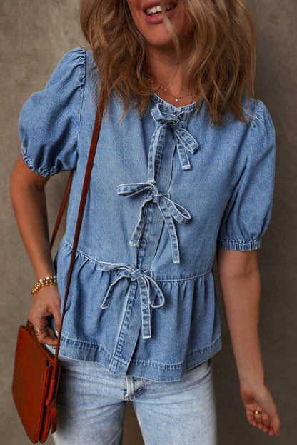 Threaded Pear Hope Tied Front Bubble Sleeve Peplum Denim Shirt