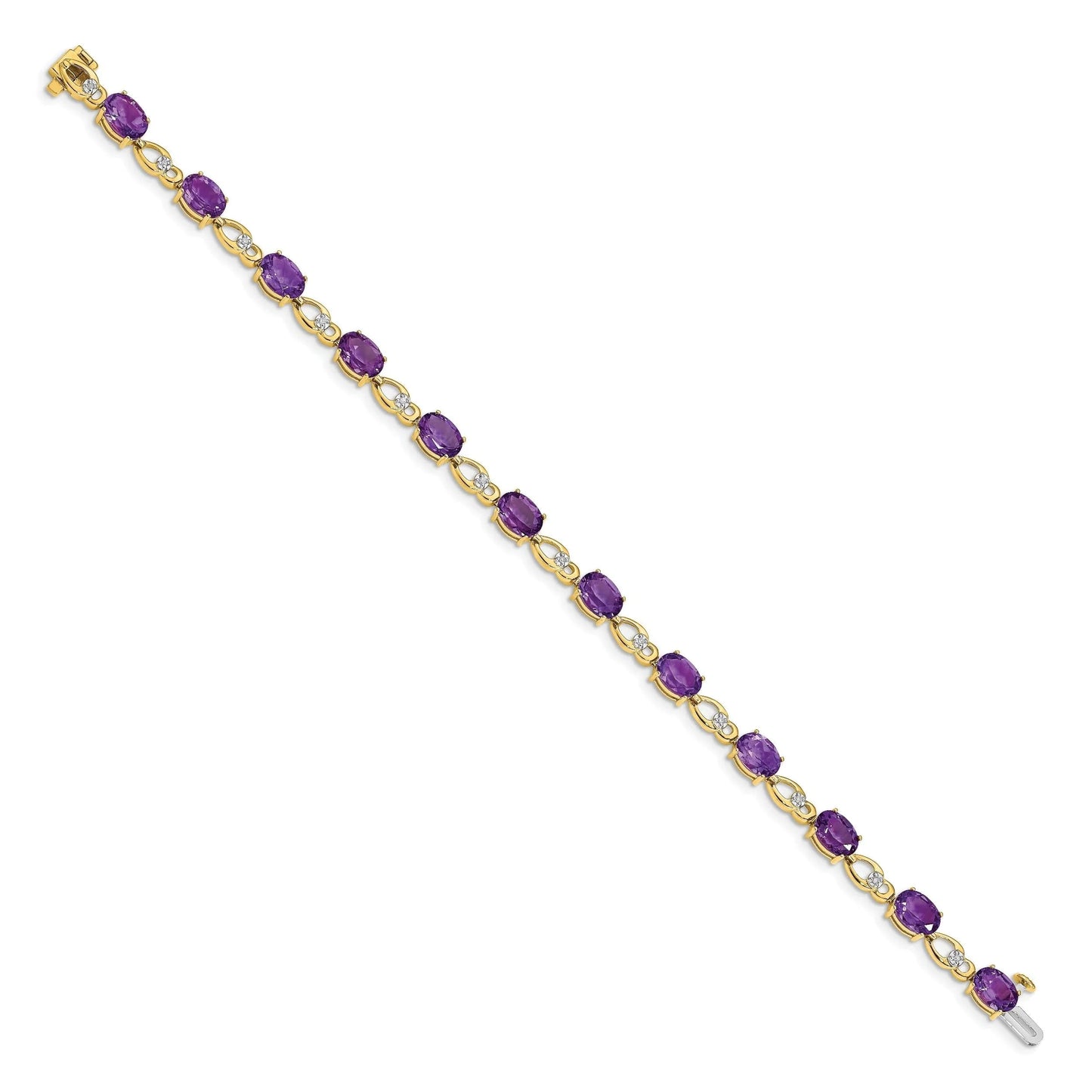Oval Purple Amethyst & Diamond Prong 14K Yellow Gold Link Bracelet