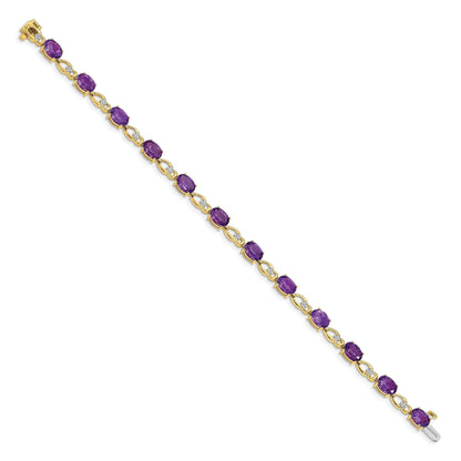 Oval Purple Amethyst & Diamond Prong 14K Yellow Gold Link Bracelet