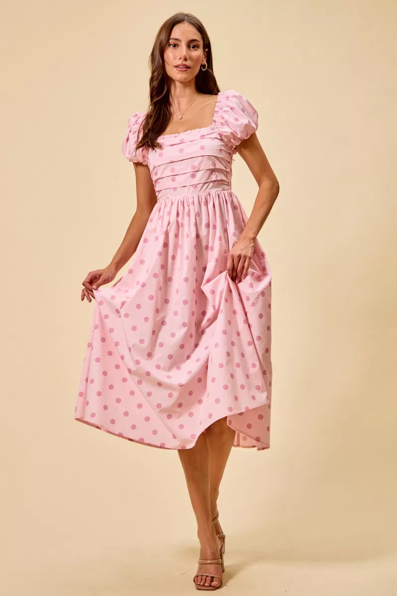 SO ME Polka Cotton Print Short Sleeves Midi Dress PINK / M