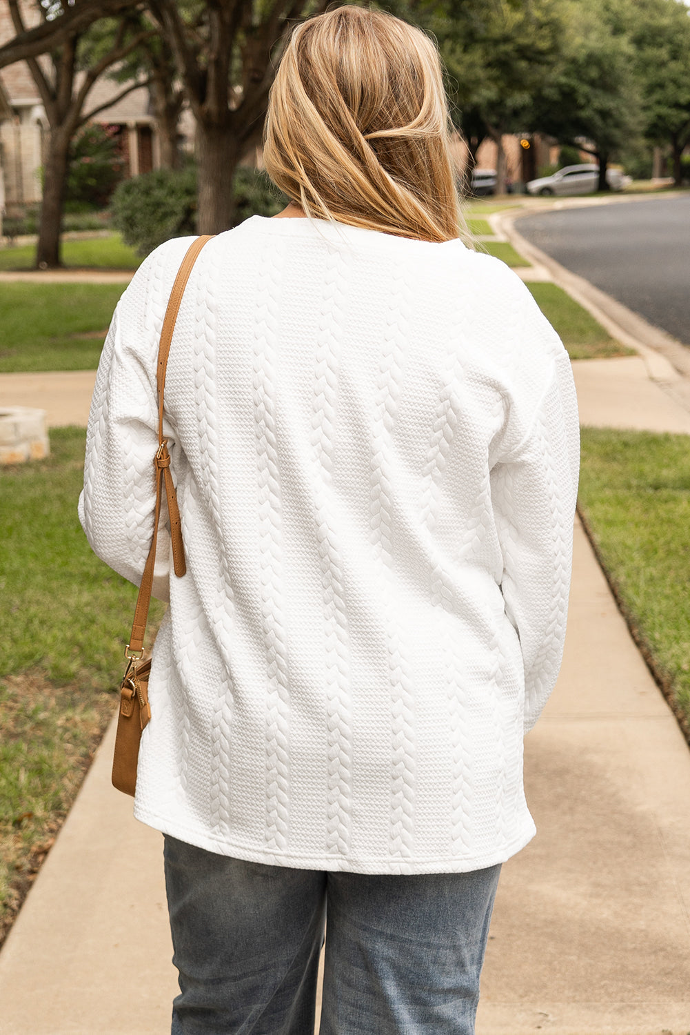Threaded Pear White Cable Textured Loose Plus Size Sweatshirt