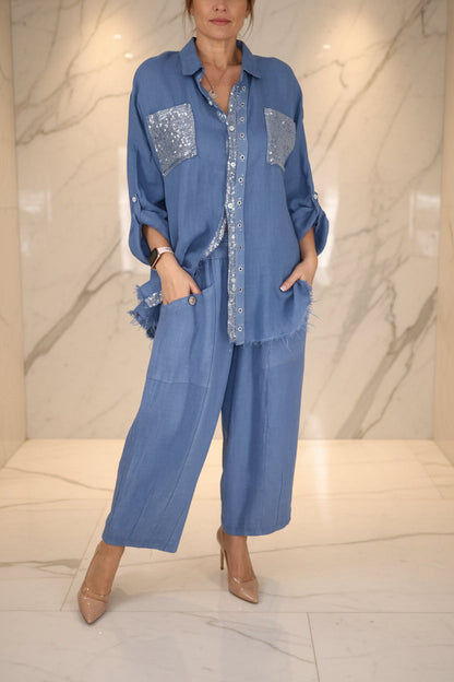 Women's Sequin Pocket & Placket Oversized Shirt & Wide-Leg Pants Set