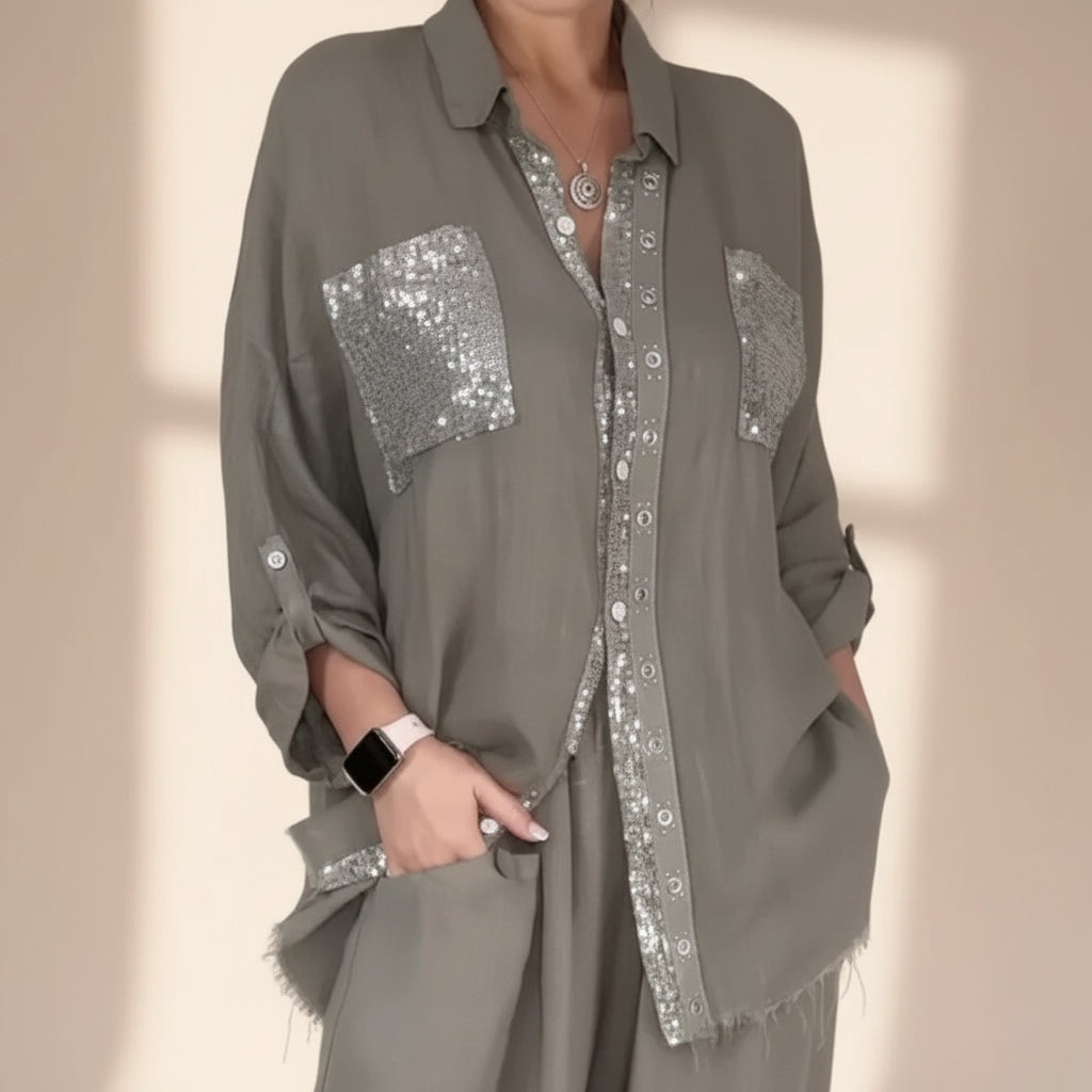 Women's Sequin Pocket & Placket Oversized Shirt & Wide-Leg Pants Set