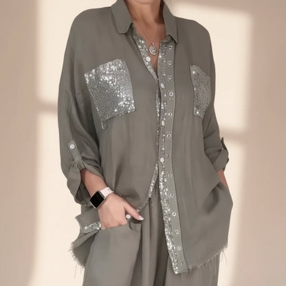 Women's Sequin Pocket & Placket Oversized Shirt & Wide-Leg Pants Set