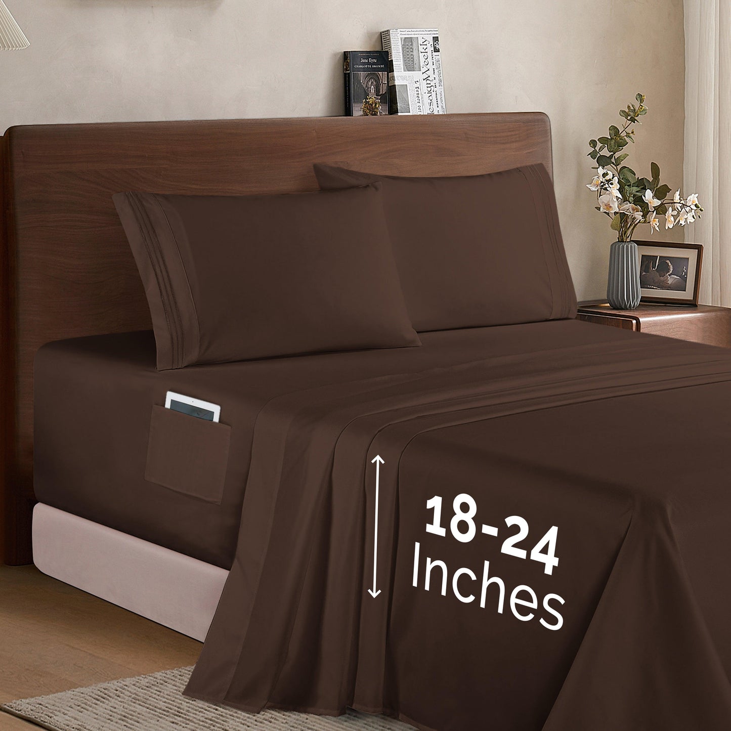 Elegant Comfort Extra deep 18-24 Inch Pocket 3 Line Embroidery, 6-Piece Sheet Set, Moody Shades