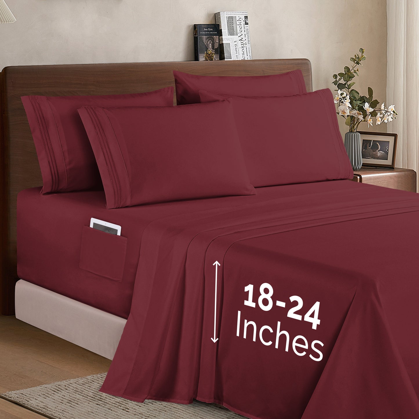 Mocassi Extra deep 18-24 Inch Pocket 3 Line Embroidery, 6-Piece Sheet Set, Moody Shades