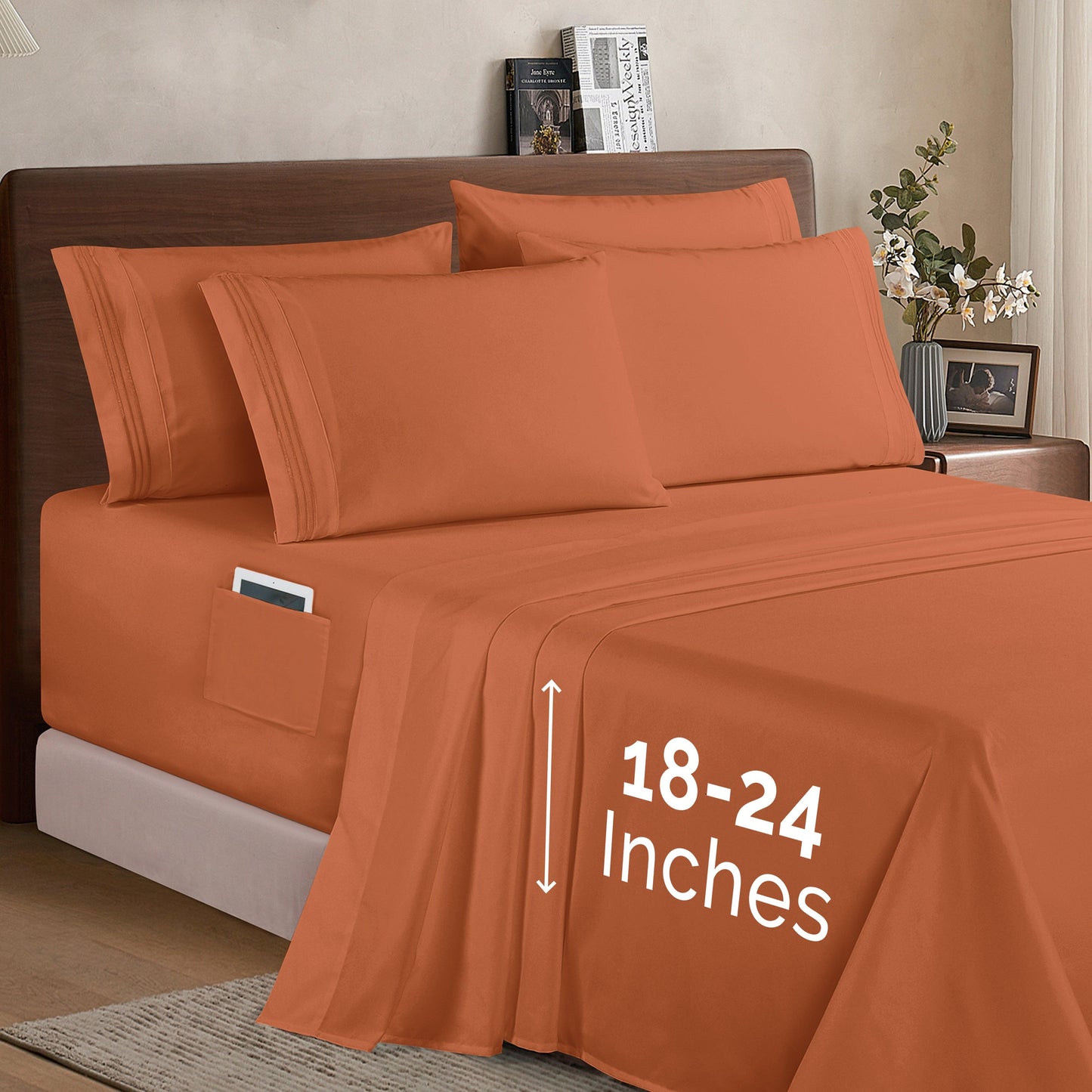 Elegant Comfort Extra deep 18-24 Inch Pocket 3 Line Embroidery, 6-Piece Sheet Set, Moody Shades