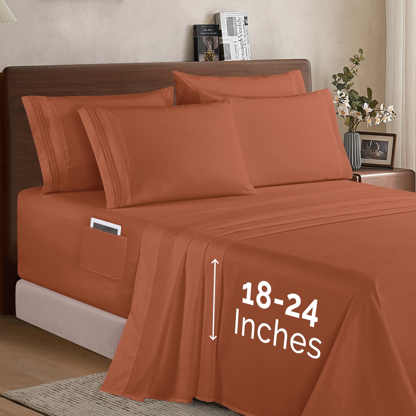 Mocassi Extra deep 18-24 Inch Pocket 3 Line Embroidery, 6-Piece Sheet Set, Moody Shades