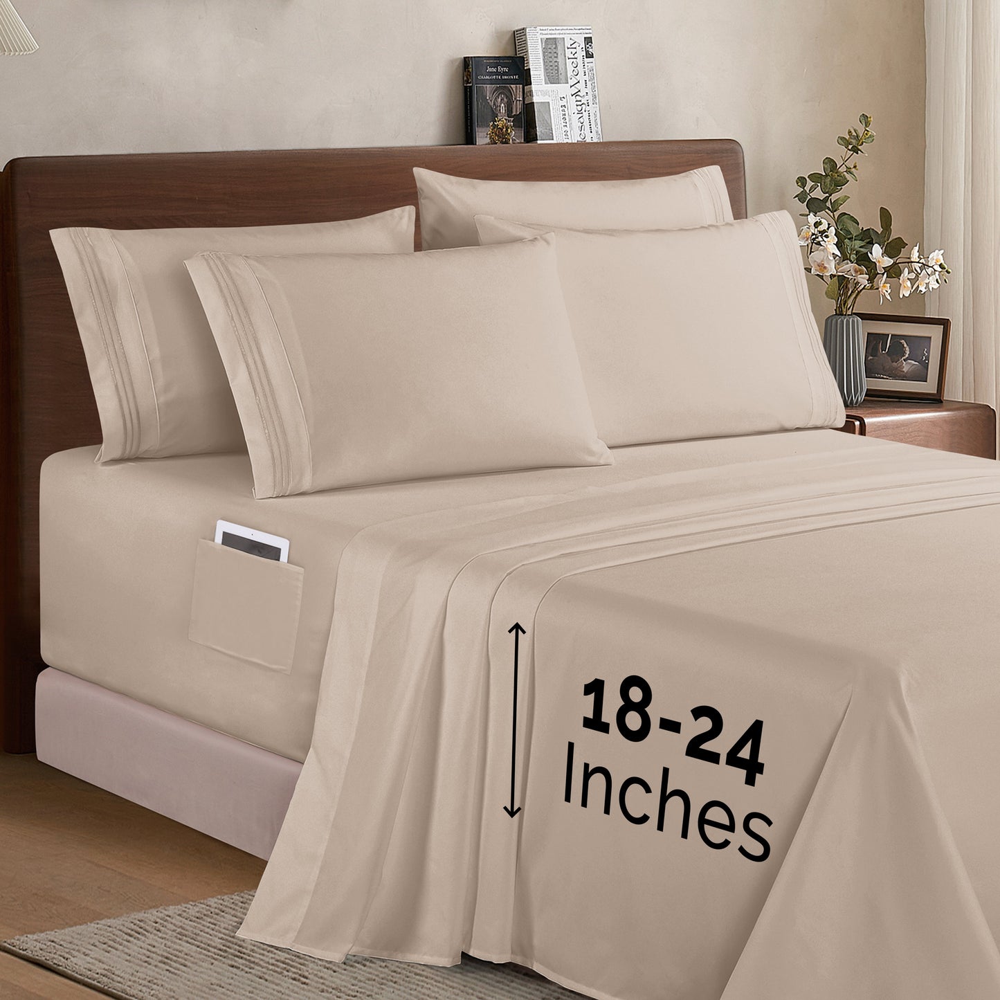 Mocassi Extra deep 18-24 Inch Pocket 3 Line Embroidery, 6-Piece Sheet Set, Bright Shades
