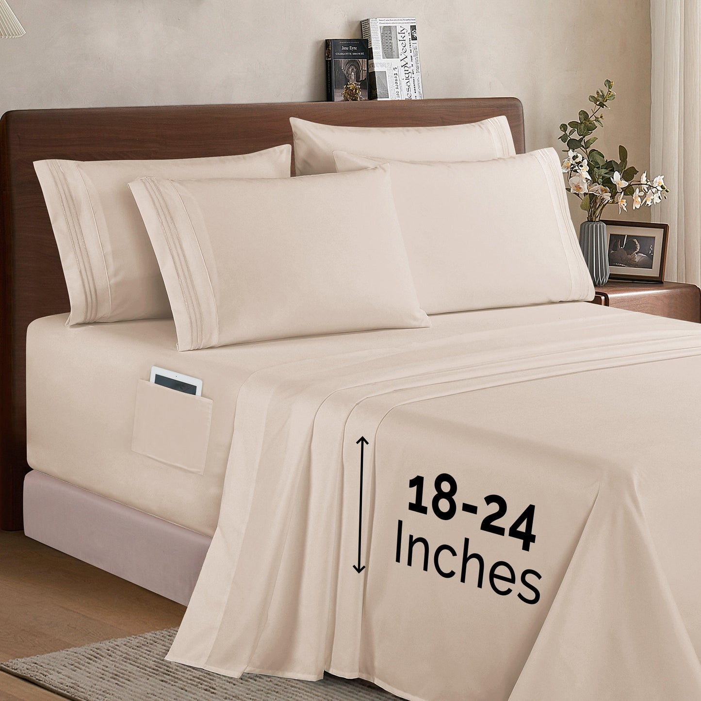 Elegant Comfort Extra deep Pocket 3 Line Embroidery, 6-Piece Sheet Set