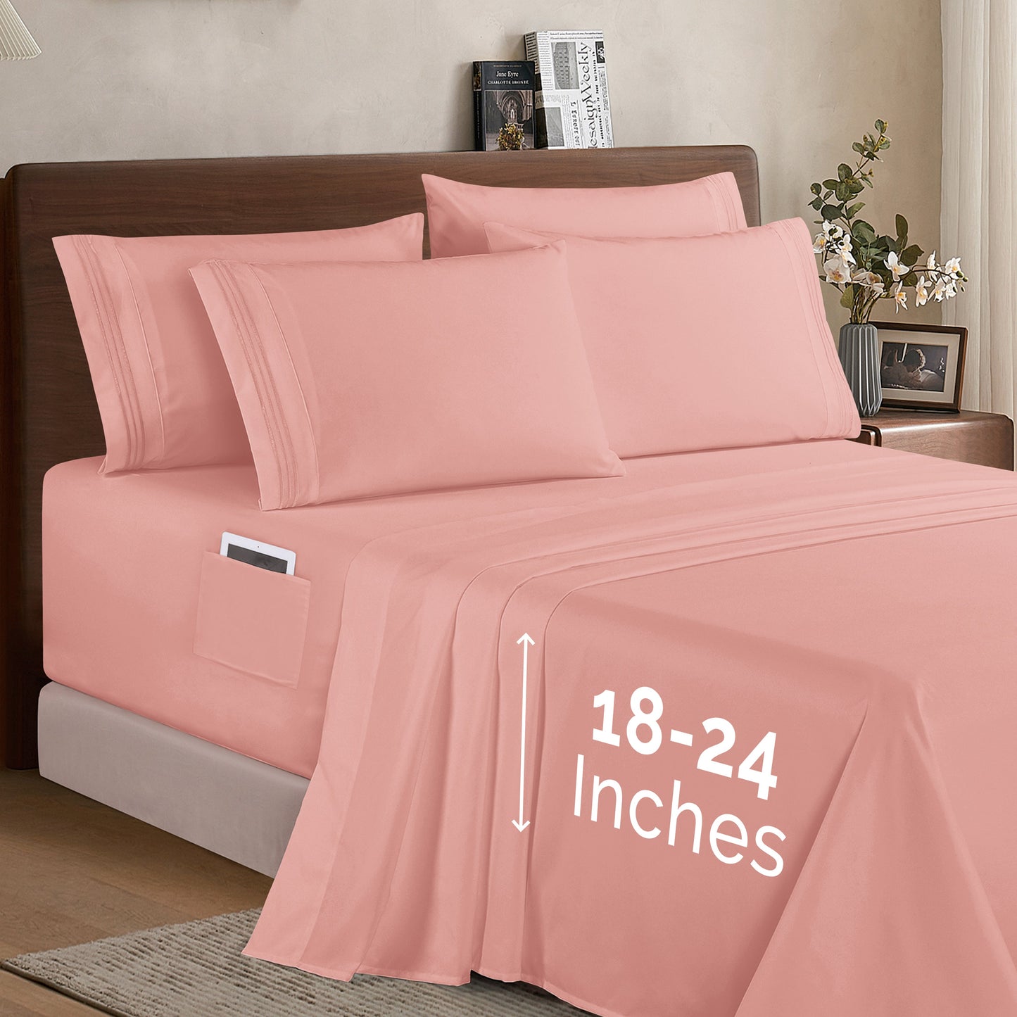 Mocassi Extra deep 18-24 Inch Pocket 3 Line Embroidery, 6-Piece Sheet Set, Bright Shades