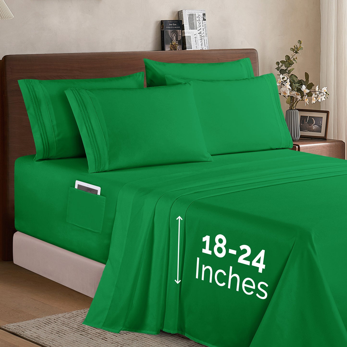 Mocassi Extra deep 18-24 Inch Pocket 3 Line Embroidery, 6-Piece Sheet Set, Bright Shades