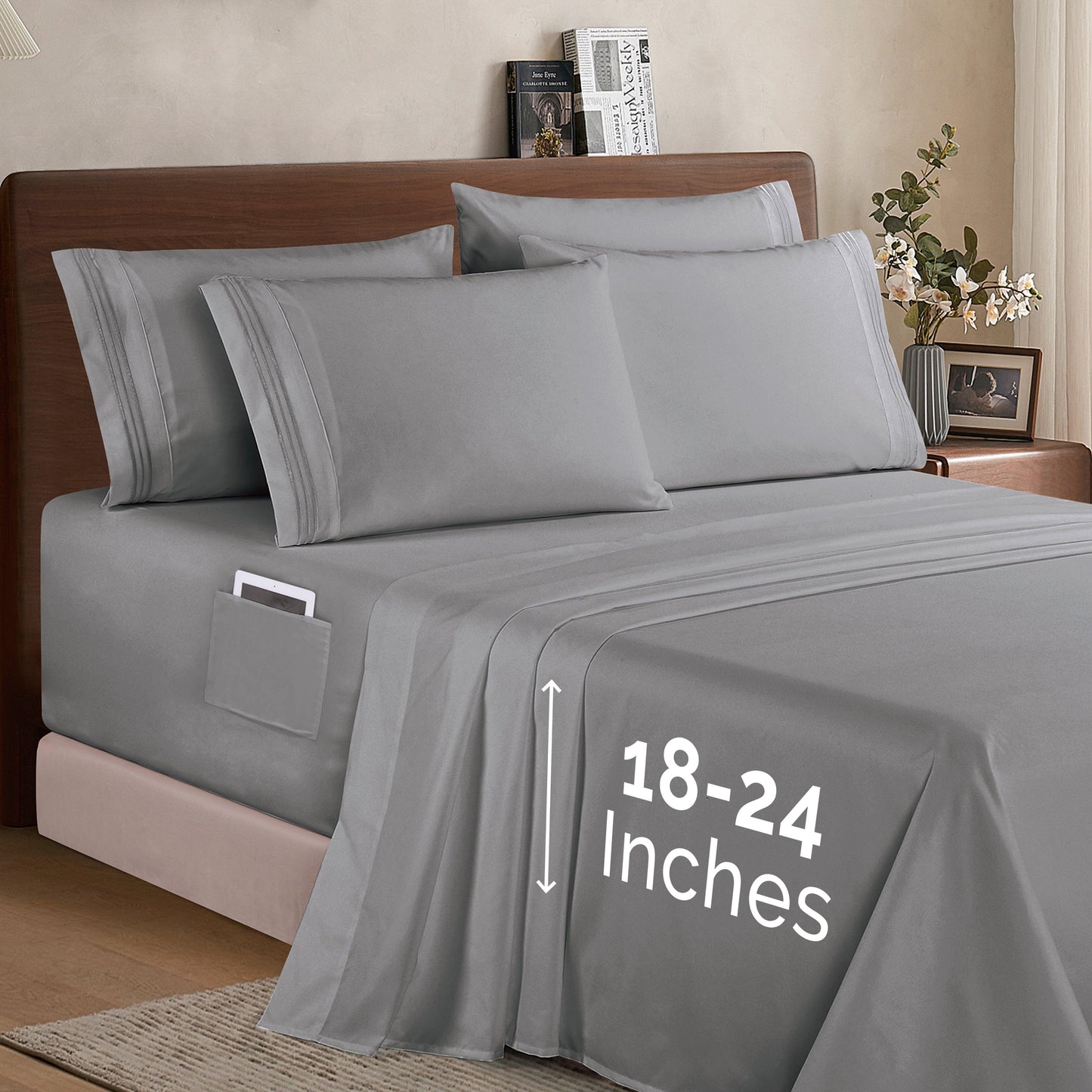 Elegant Comfort Extra deep 18-24 Inch Pocket 3 Line Embroidery, 6-Piece Sheet Set, Moody Shades