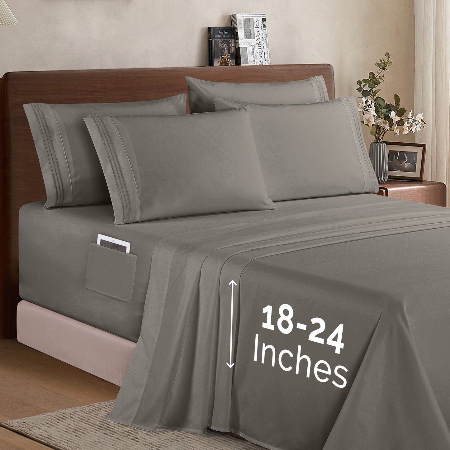 Mocassi Extra deep 18-24 Inch Pocket 3 Line Embroidery, 6-Piece Sheet Set, Moody Shades
