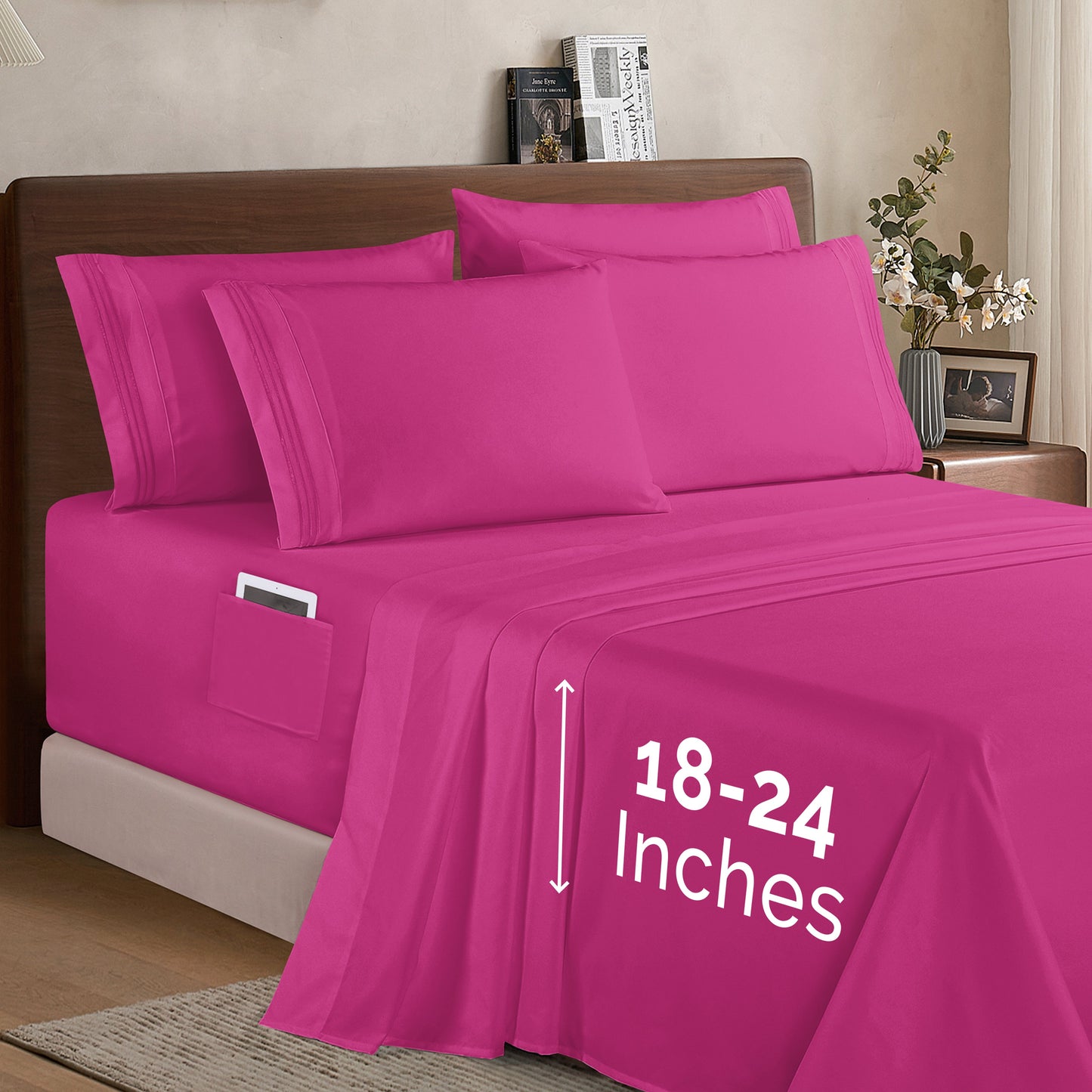 Mocassi Extra deep 18-24 Inch Pocket 3 Line Embroidery, 6-Piece Sheet Set, Bright Shades