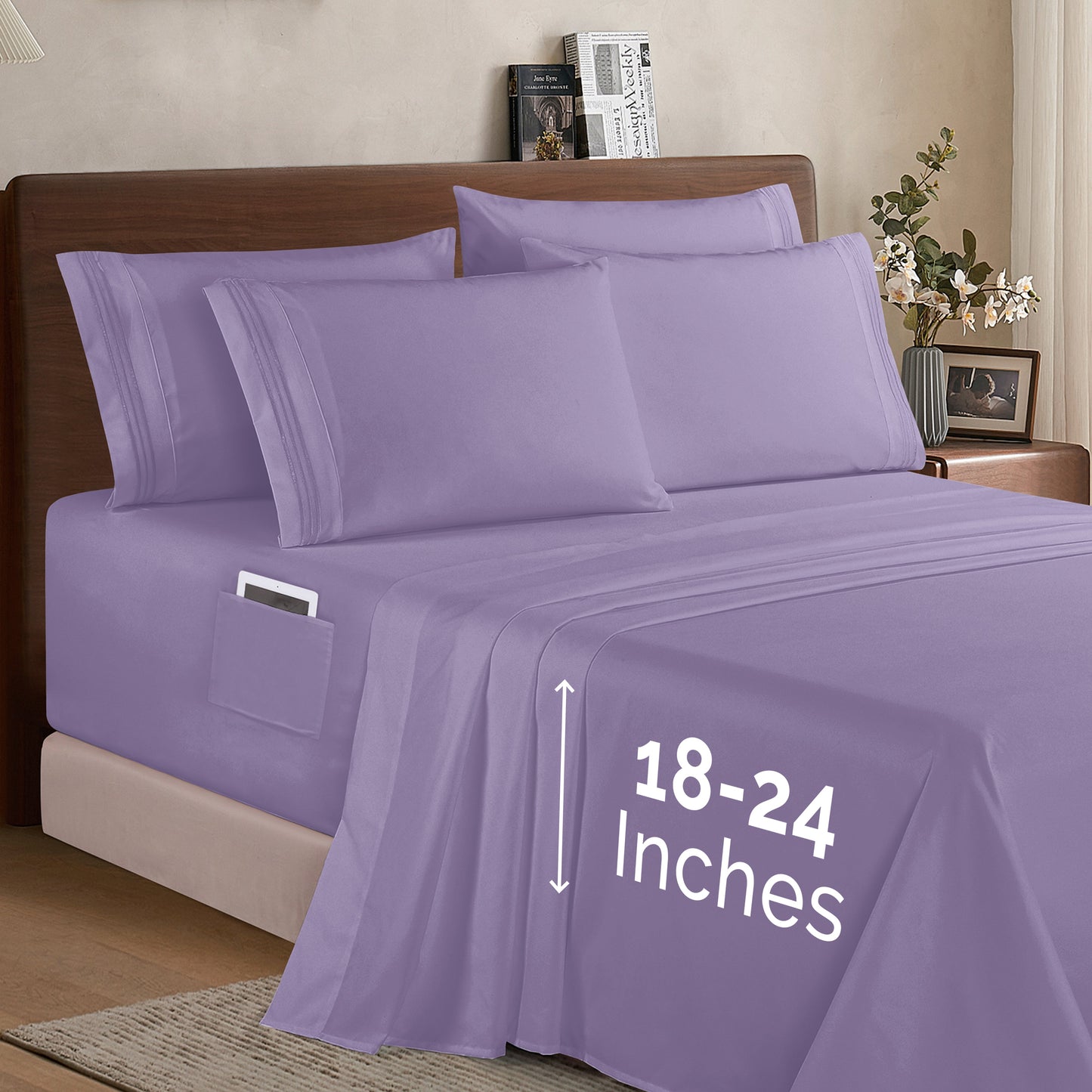 Mocassi Extra deep 18-24 Inch Pocket 3 Line Embroidery, 6-Piece Sheet Set, Bright Shades
