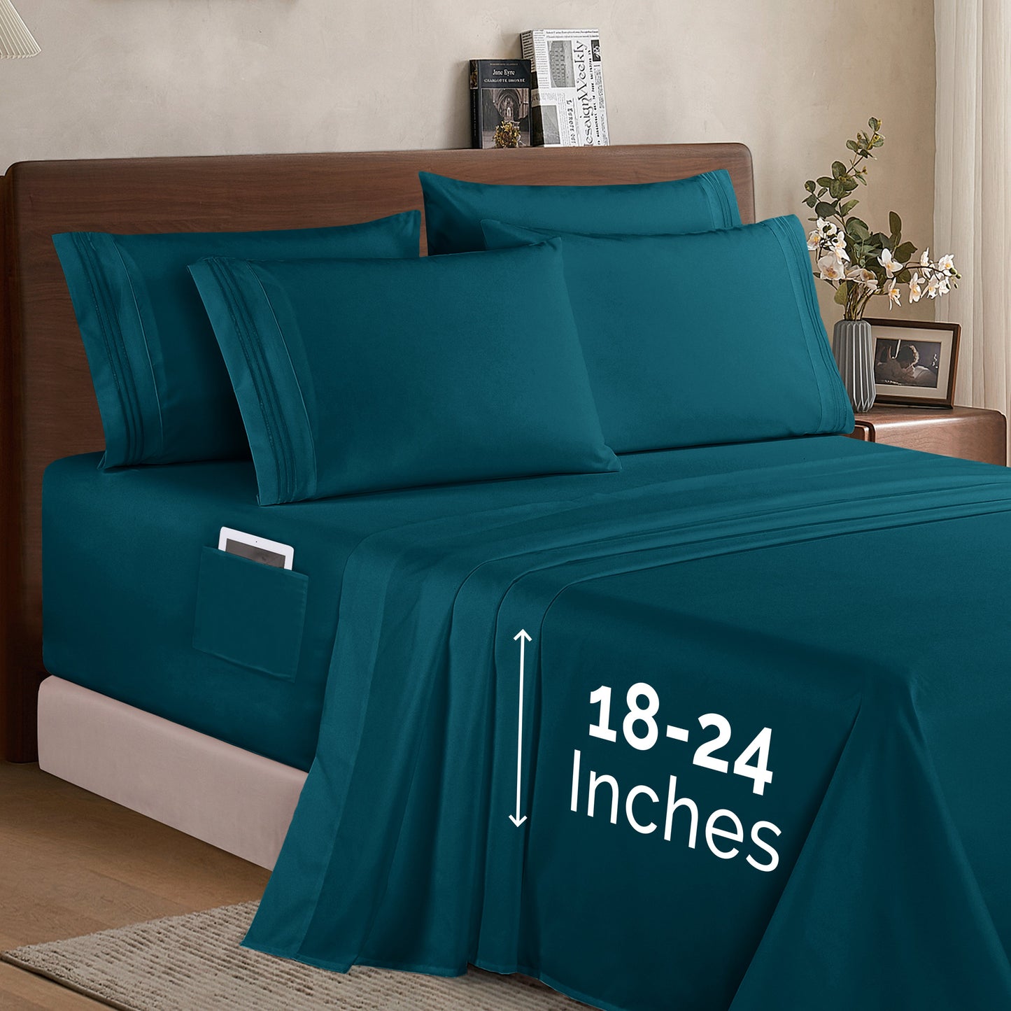 Mocassi Extra deep 18-24 Inch Pocket 3 Line Embroidery, 6-Piece Sheet Set, Moody Shades