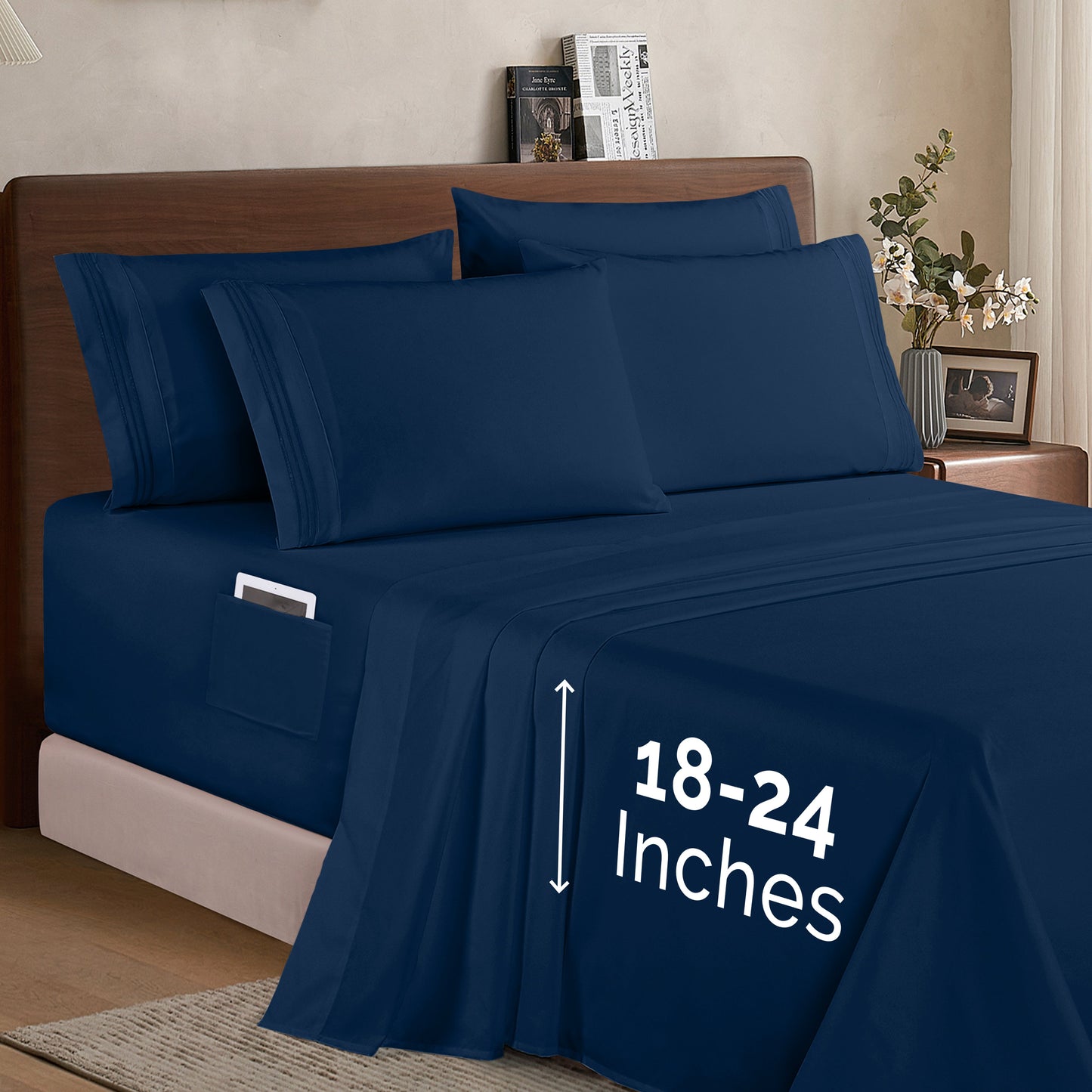 Mocassi Extra deep 18-24 Inch Pocket 3 Line Embroidery, 6-Piece Sheet Set, Moody Shades