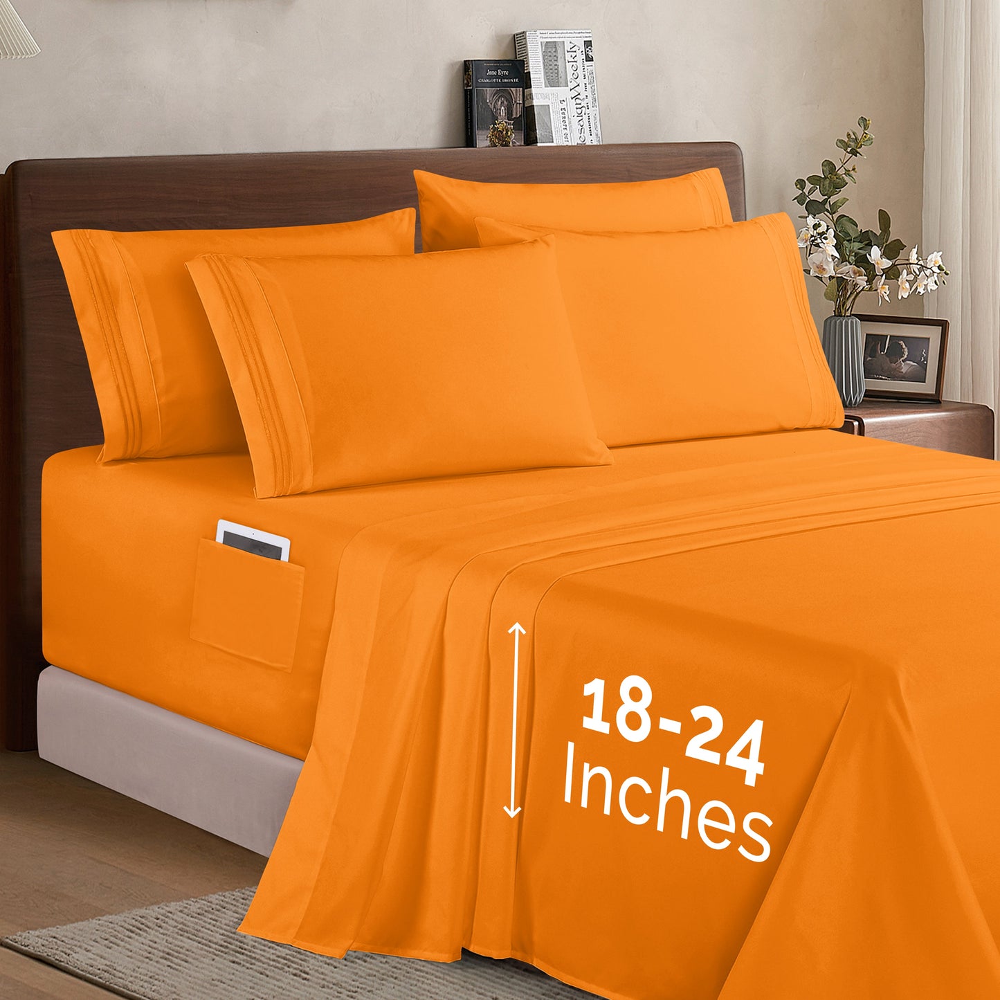 Mocassi Extra deep 18-24 Inch Pocket 3 Line Embroidery, 6-Piece Sheet Set, Bright Shades
