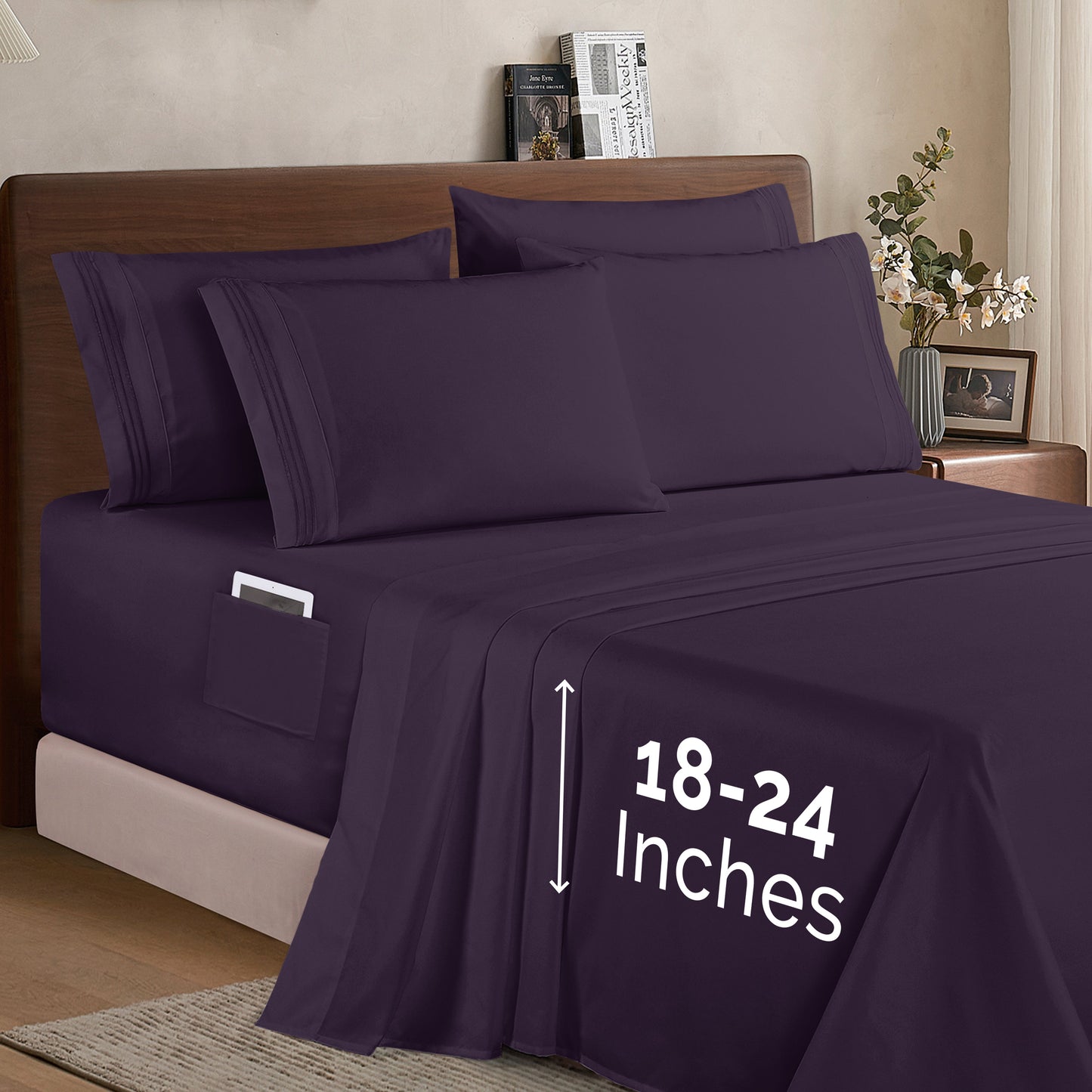 Mocassi Extra deep 18-24 Inch Pocket 3 Line Embroidery, 6-Piece Sheet Set, Moody Shades