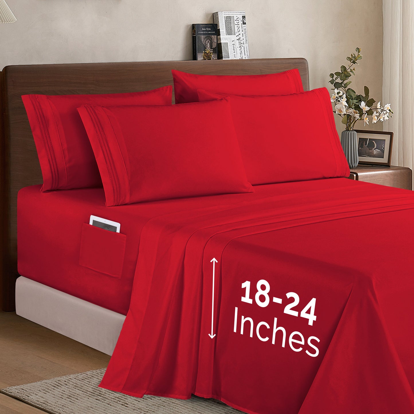 Mocassi Extra deep 18-24 Inch Pocket 3 Line Embroidery, 6-Piece Sheet Set, Bright Shades