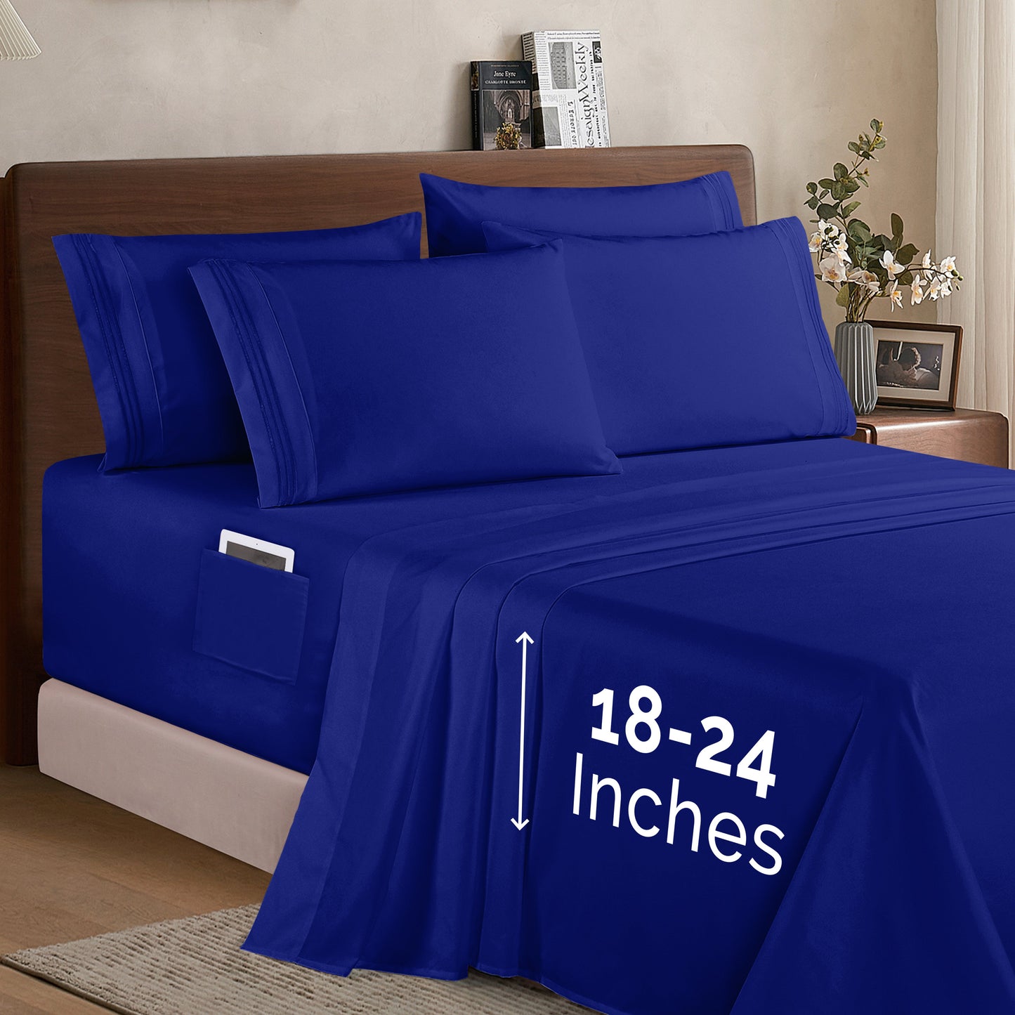 Mocassi Extra deep 18-24 Inch Pocket 3 Line Embroidery, 6-Piece Sheet Set, Moody Shades