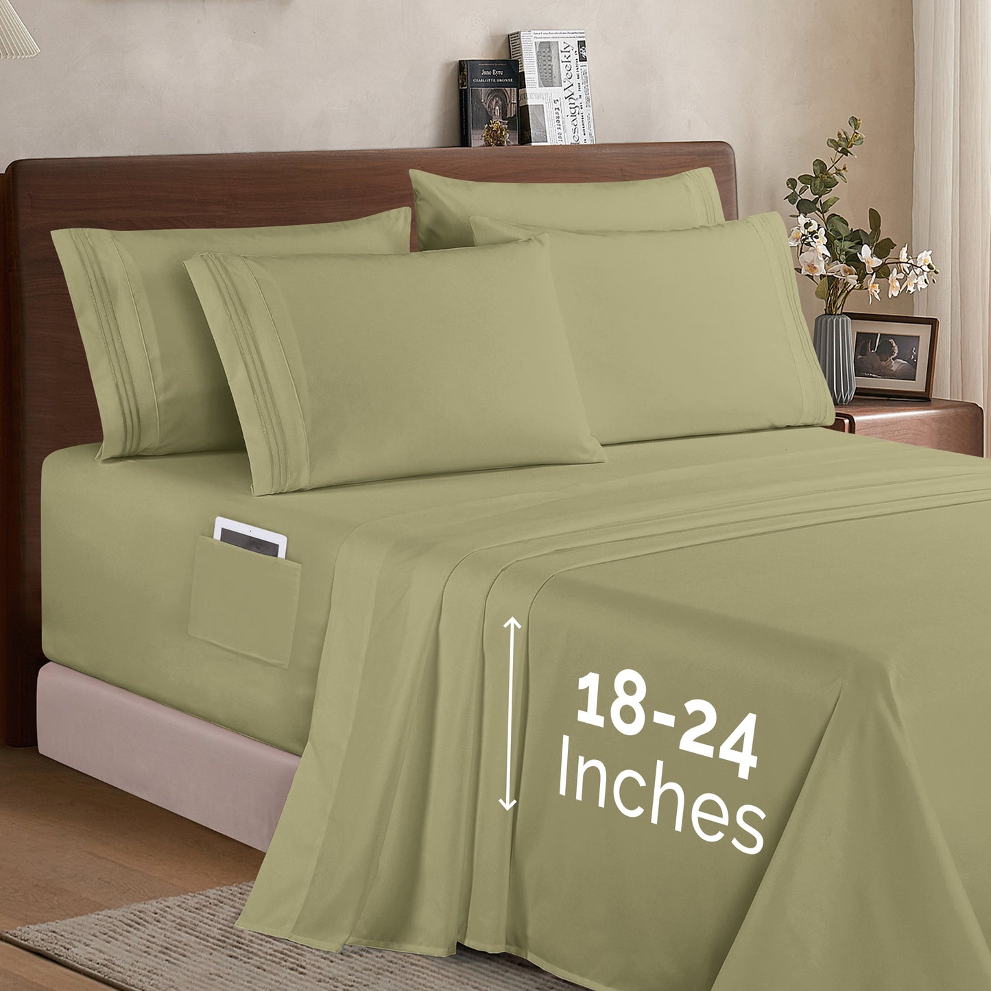 Mocassi Extra deep 18-24 Inch Pocket 3 Line Embroidery, 6-Piece Sheet Set, Moody Shades