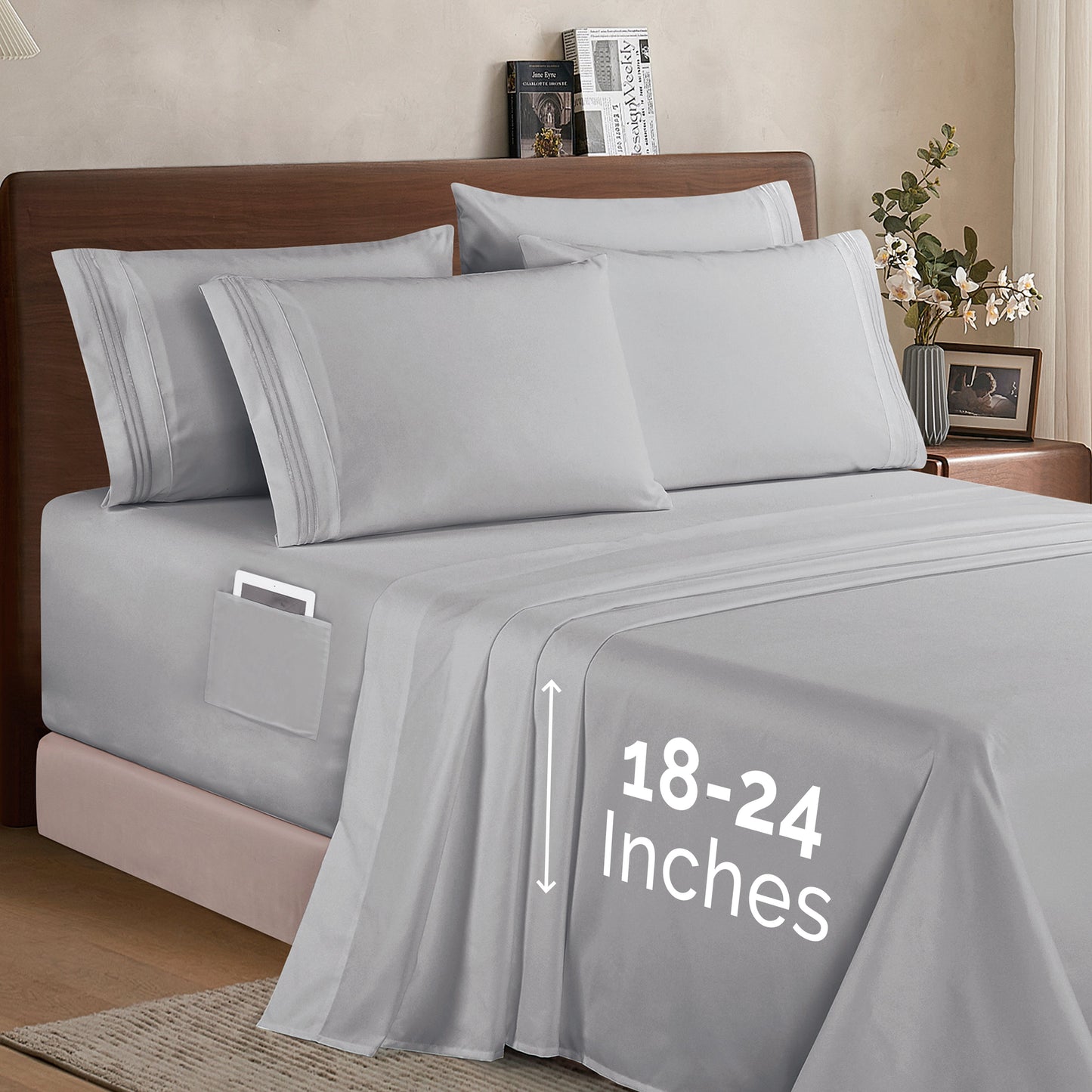 Mocassi Extra deep 18-24 Inch Pocket 3 Line Embroidery, 6-Piece Sheet Set, Bright Shades