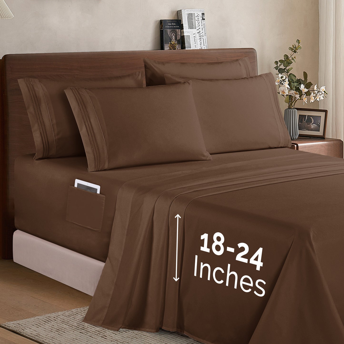 Mocassi Extra deep 18-24 Inch Pocket 3 Line Embroidery, 6-Piece Sheet Set, Moody Shades
