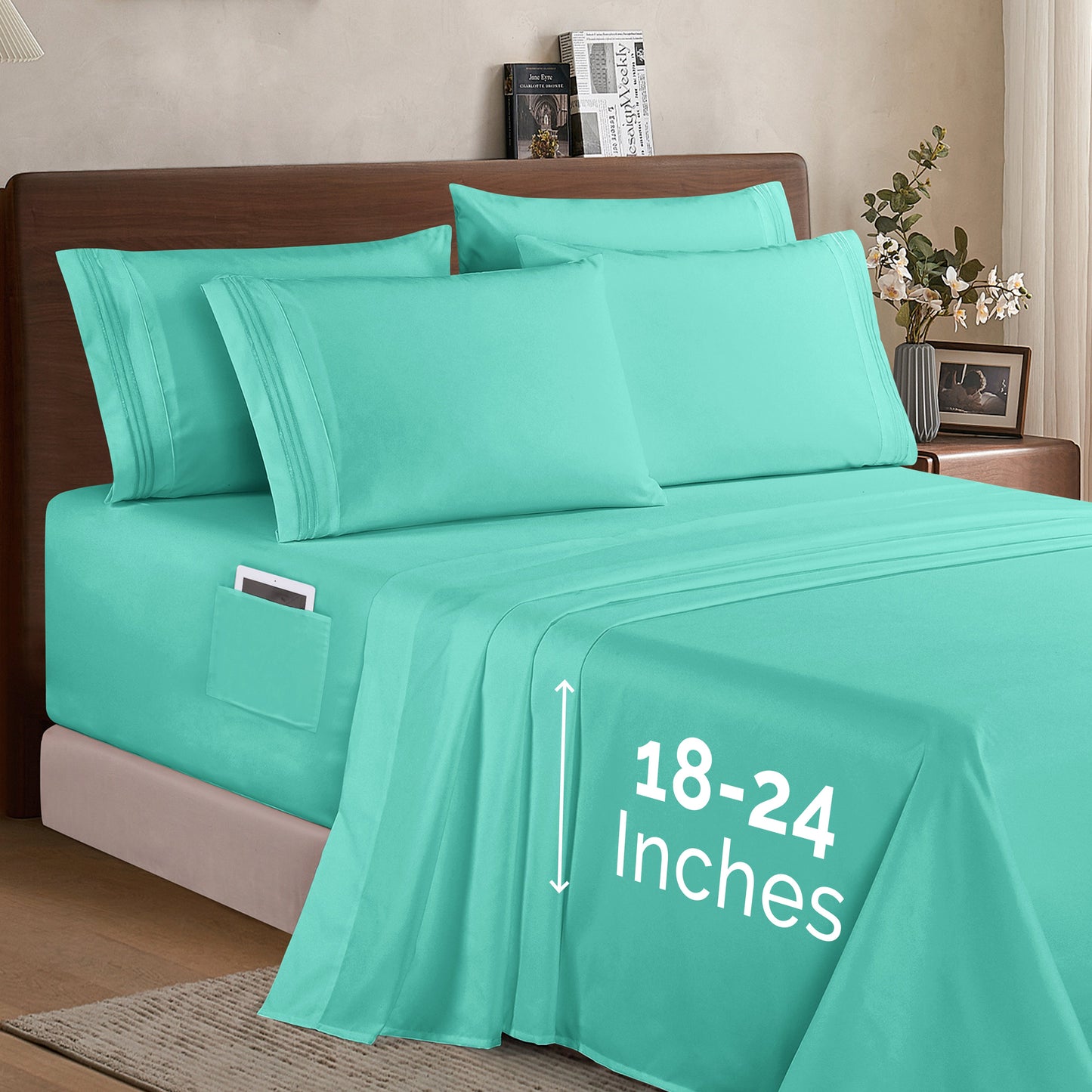 Mocassi Extra deep 18-24 Inch Pocket 3 Line Embroidery, 6-Piece Sheet Set, Bright Shades