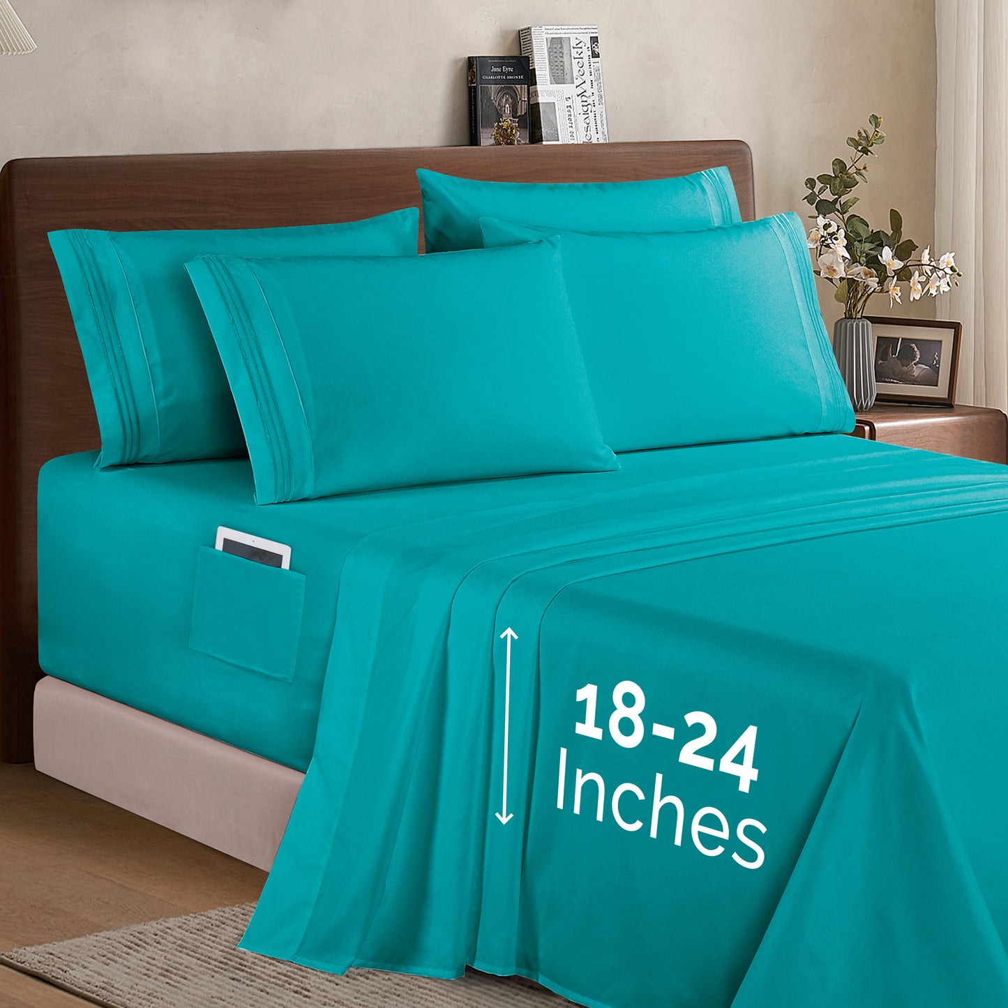 Mocassi Extra deep 18-24 Inch Pocket 3 Line Embroidery, 6-Piece Sheet Set, Moody Shades