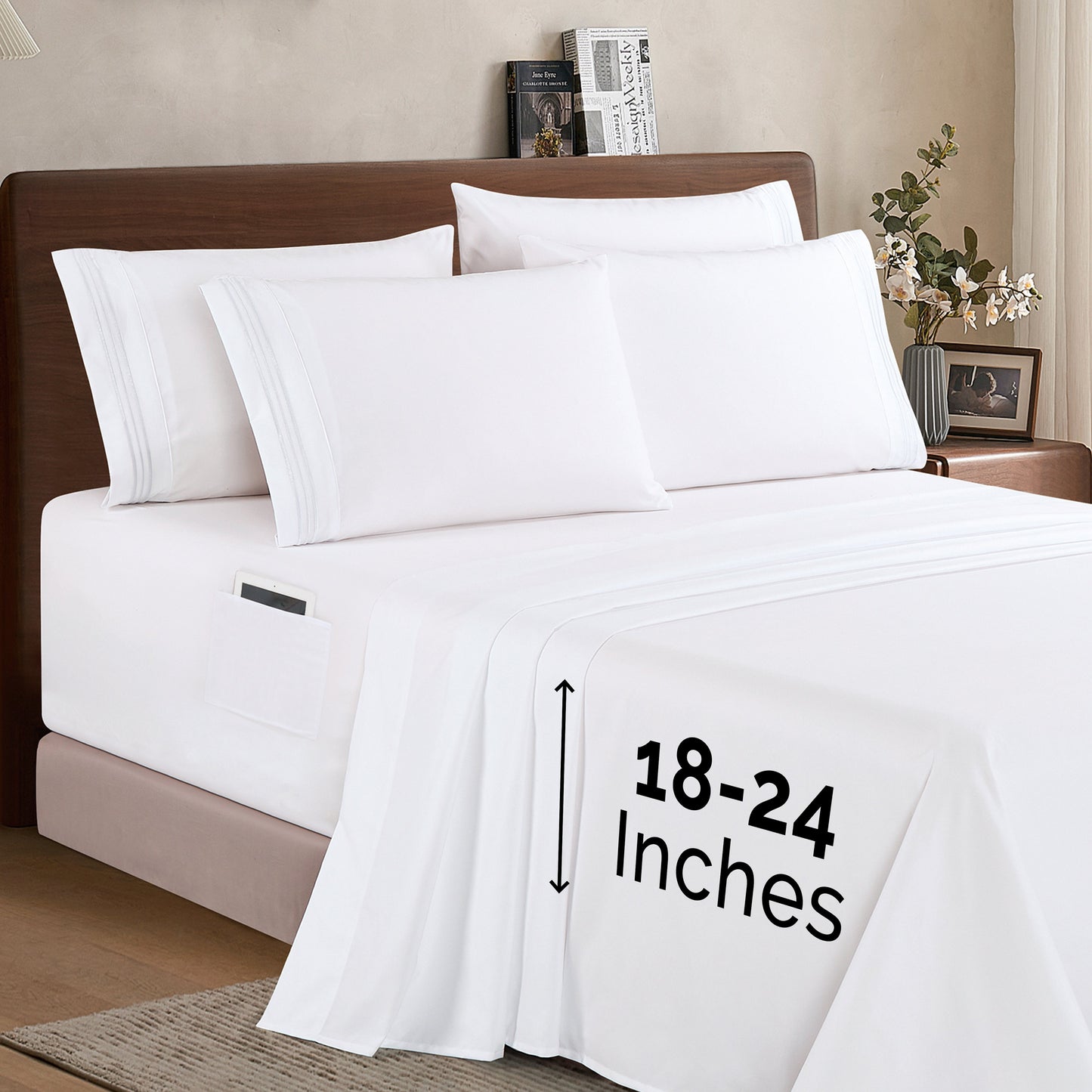 Mocassi Extra deep 18-24 Inch Pocket 3 Line Embroidery, 6-Piece Sheet Set, Bright Shades