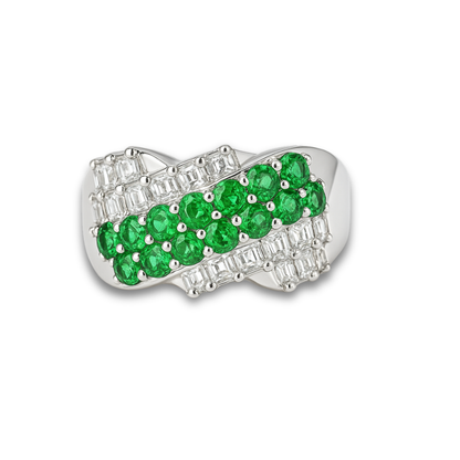 7.26 Ct Round Green Tsavorite Garnet and White Topaz Prong Silver Cluster Ring