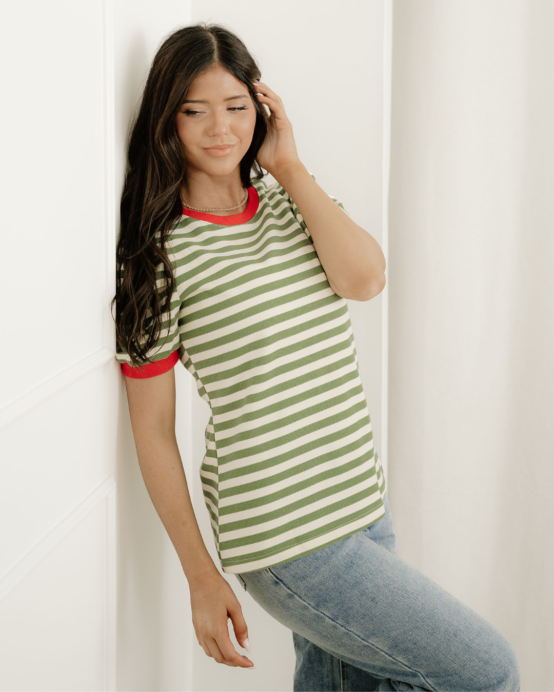 Kimberly Stripe Short Puff Sleeve Contrast Trim Round Neck Tee - Green
