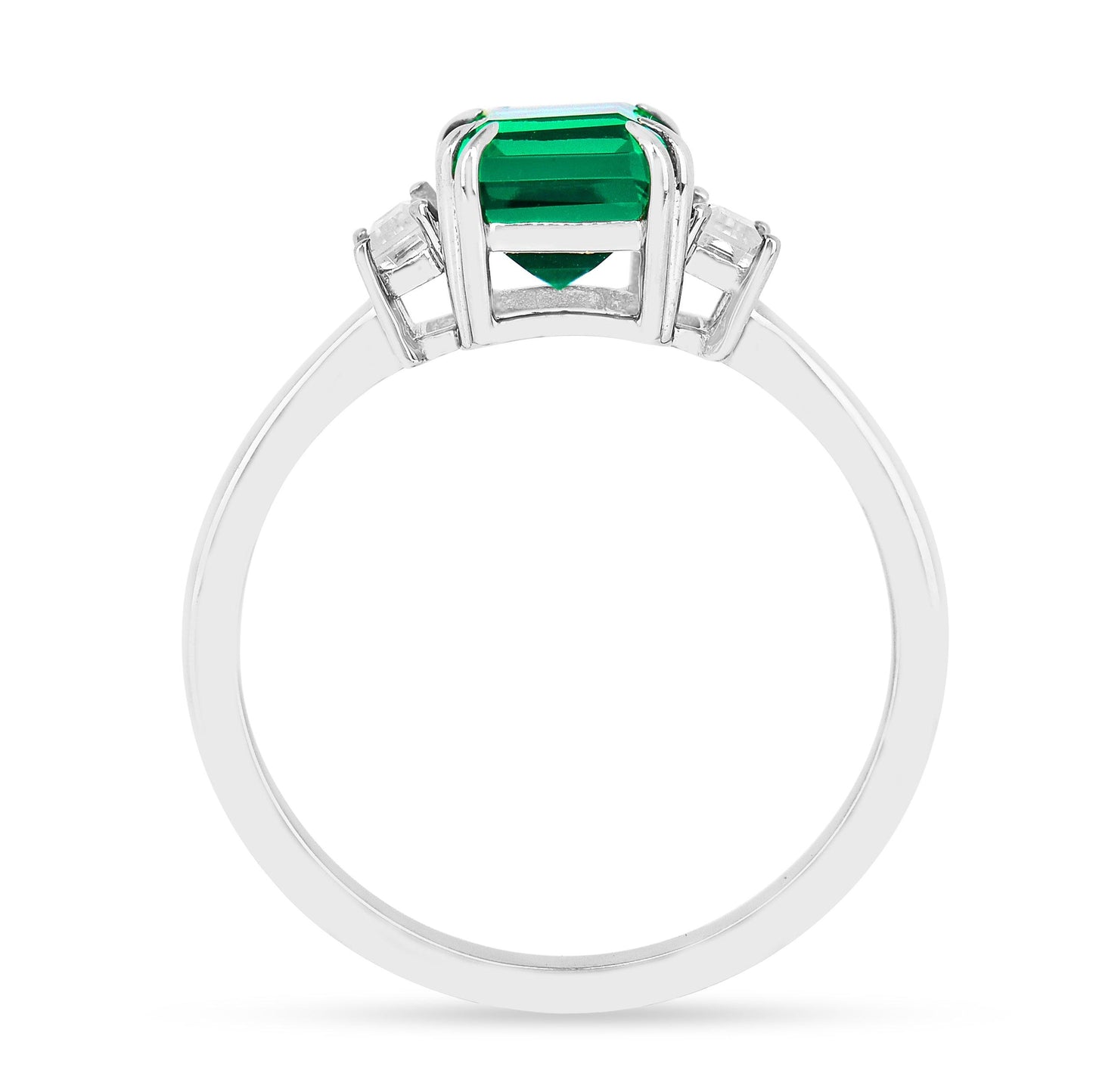 2.04 Ct Octagon Green Colombian Lab Created Emerald and Moissanite Prong Silver Three Stone Statement Ring