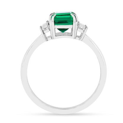 2.04 Ct Octagon Green Colombian Lab Created Emerald and Moissanite Prong Silver Three Stone Statement Ring