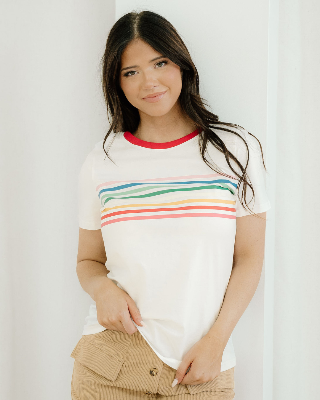 Melanie Rainbow Stripe Print Crewneck T Shirt