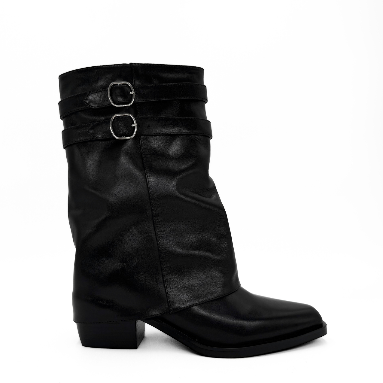 Alma Foldover Leather Boots - Black
