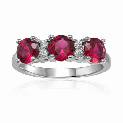 1.7 Ct Round Red Lab Created Ruby Prong Silver Three Stone Ring