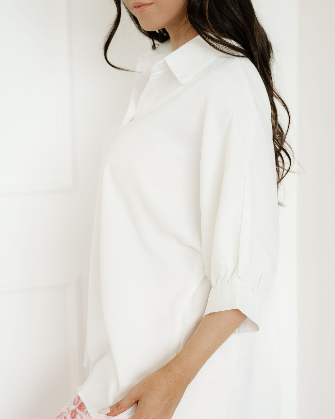 Wrenlee Plain 3/4 Batwing Sleeve Oversize Button Up Blouse - White