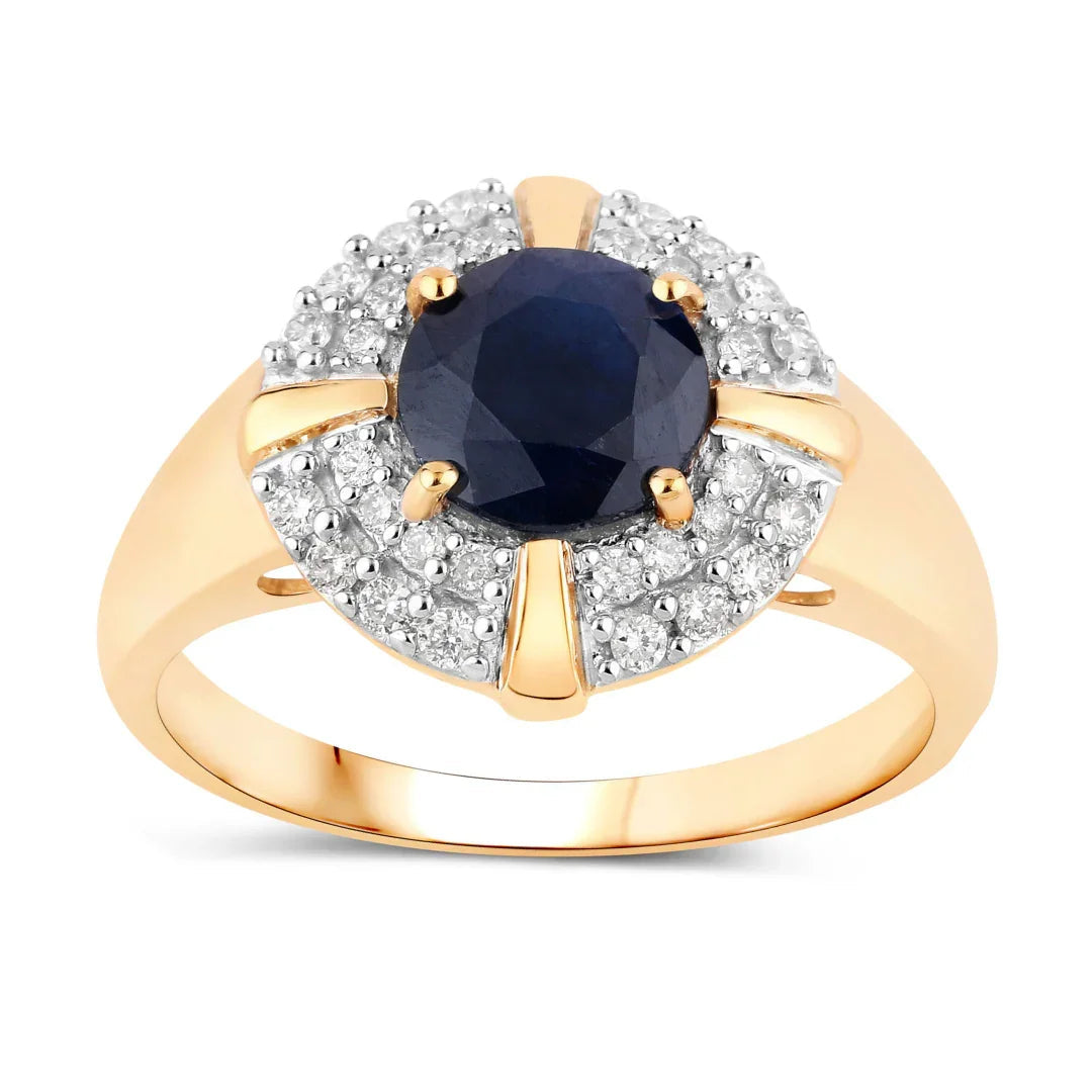 1.48 Ct Round Blue Sapphire Diamond Prong 10k Gold Halo Statement Ring