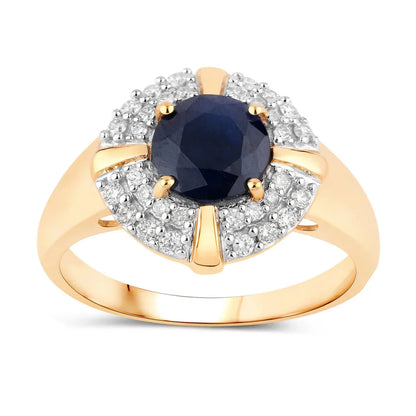 1.48 Ct Round Blue Sapphire Diamond Prong 10k Gold Halo Statement Ring