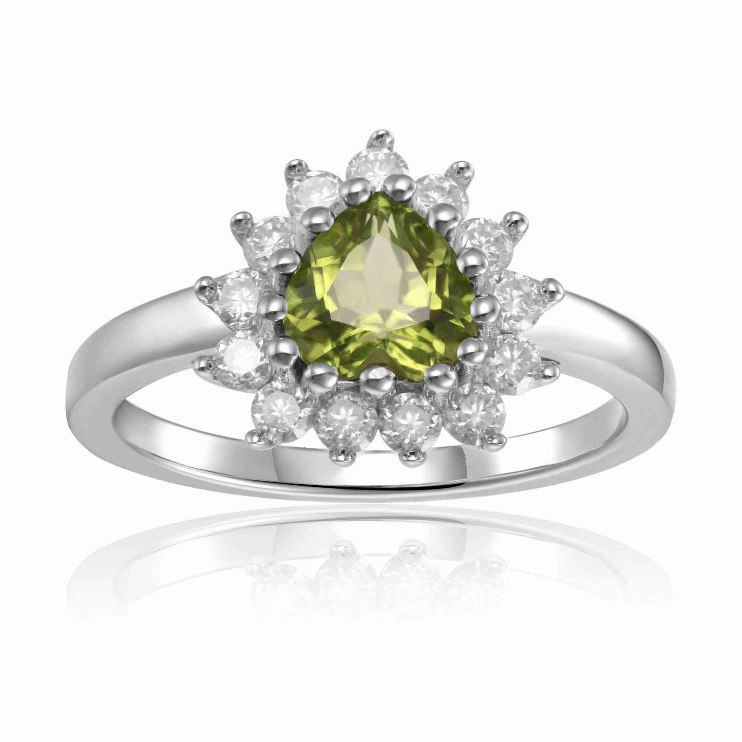 1.30 Ct Heart Olive Green Peridot and White Topaz Prong Silver Halo Ring