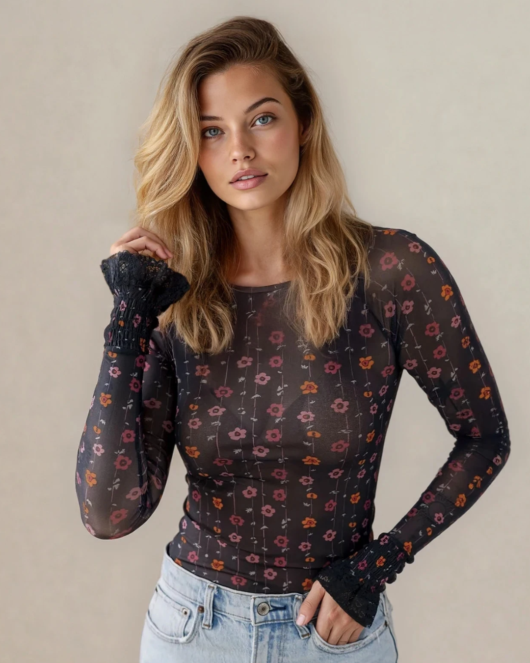 Samantha Floral Print Smocked Cuff Slim Fit Mesh Bodysuit