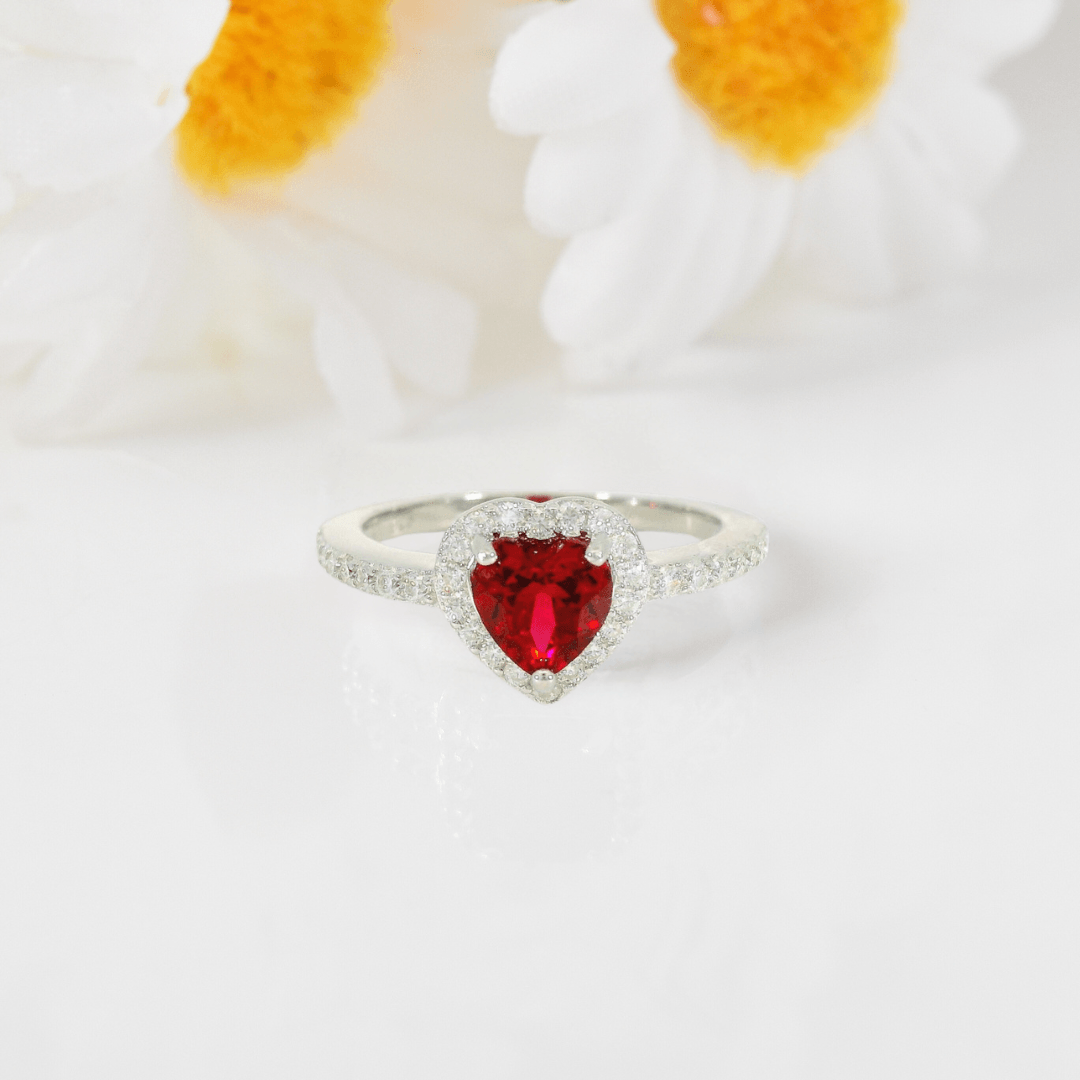 Heart Red Lab Grown Ruby Prong Sterling Silver Halo Ring