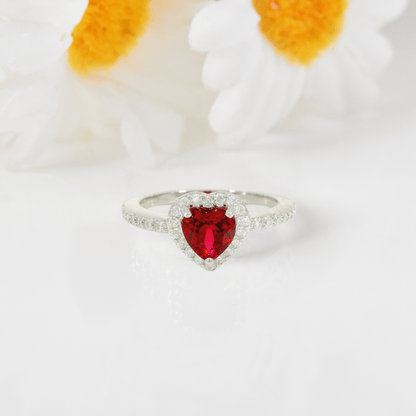 Heart Red Lab Grown Ruby Prong Sterling Silver Halo Ring