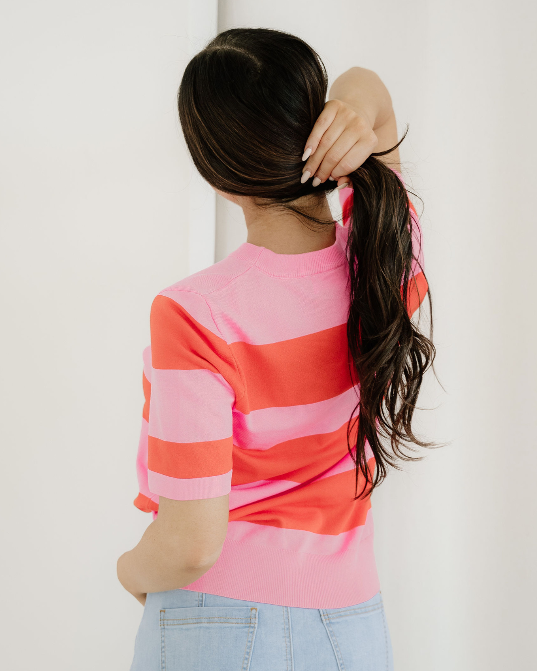Striped Knitted Sweater Tee - Pink