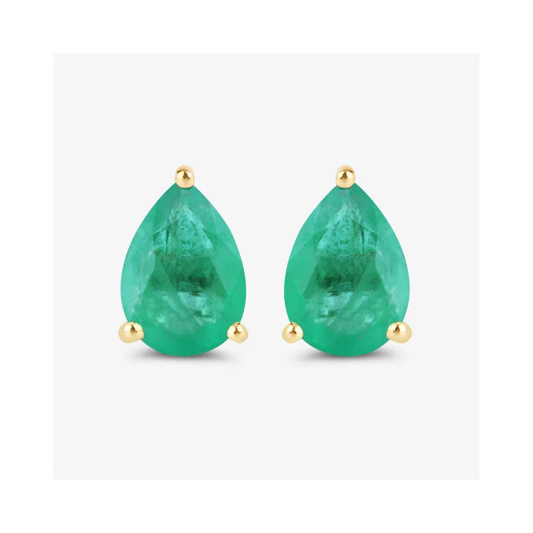 1.30 Ct Pear Green Zambian Emerald Prong 10k Gold Teardrop Stud Earrings